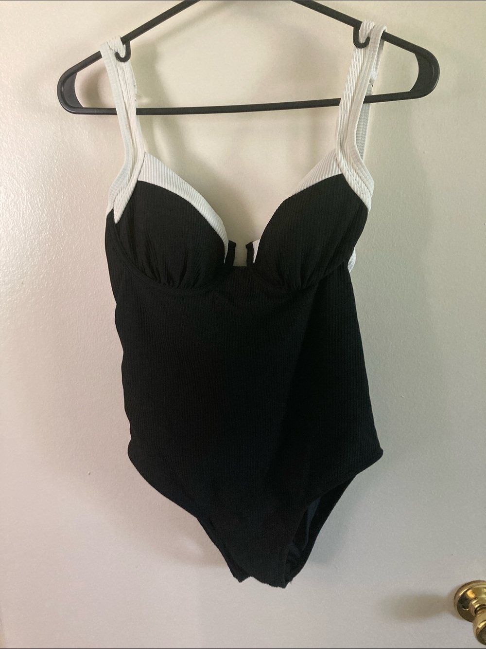 Ribbed Black One-Piece Swimsuit with White Trim